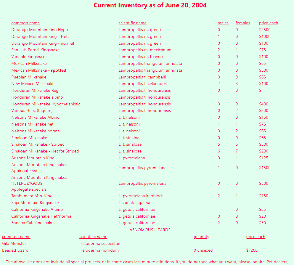 June 20, 2004 price list for Applegate Reptiles
